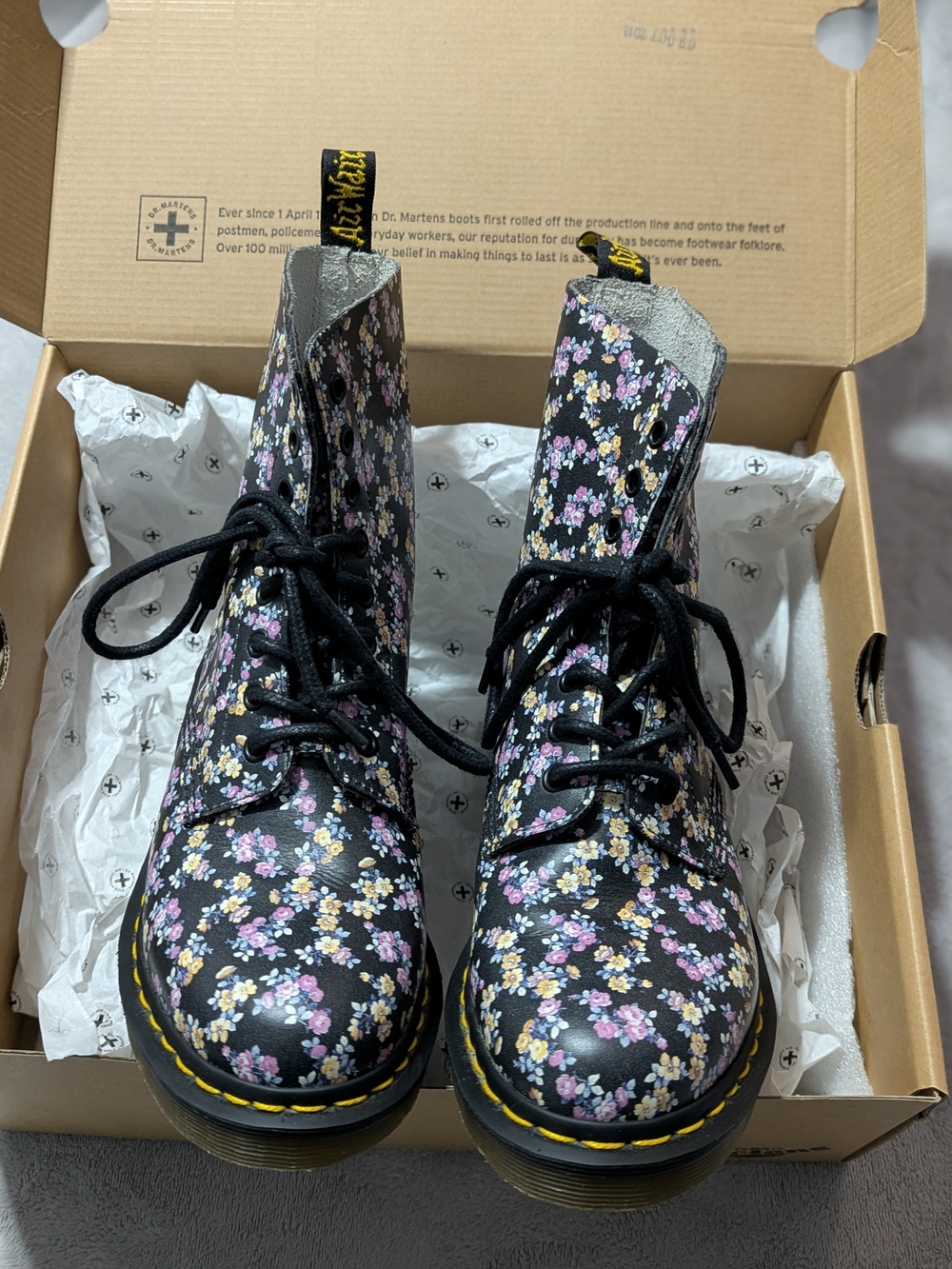 Dr. Martens Floral Lace-Up Combat Boots - Black/Pink/Yellow